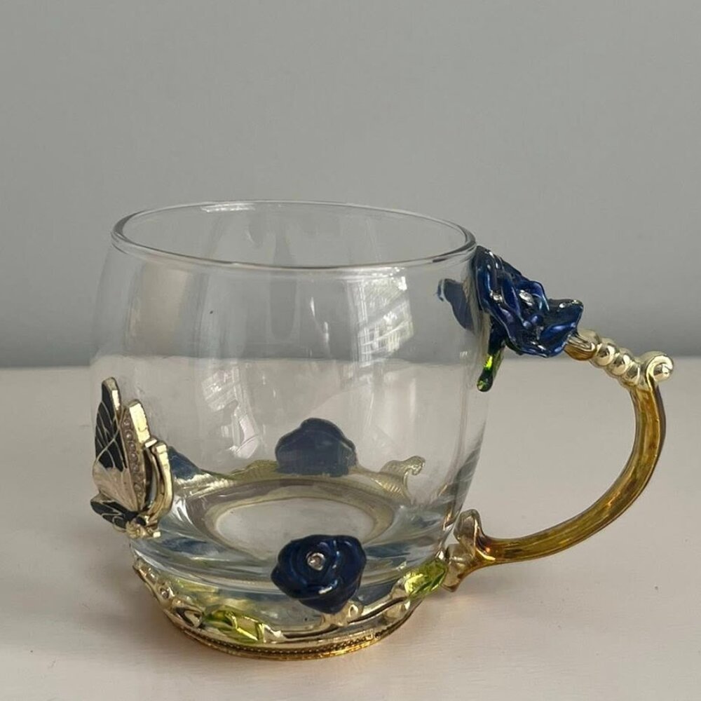 Glass Enamel Blue Roses Butterfly Rhinestones Coffee/Tea Cup